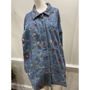QUACKER FACTORY  Cotton Beaded Denim Jean Jacket Butterflies Embroidered Size 1X